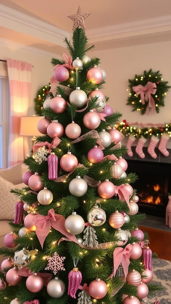 A pink and silver Christmas tree adorned with ornaments and lights in a festive living room.